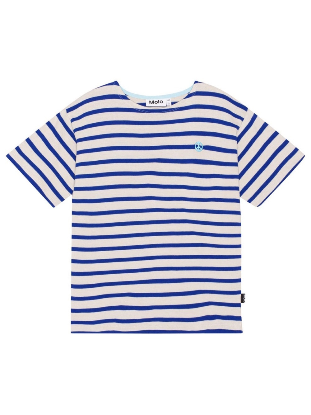 Molo Rilee T-Shirt Reef Stripe Boys Size 4 Peace Sign Blue Ivory Organic Cotton